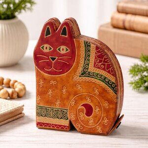 Vintage Leather Cat Coin Bank Hand Painted Folk Art Money Box Boho Piggy Bank Ki